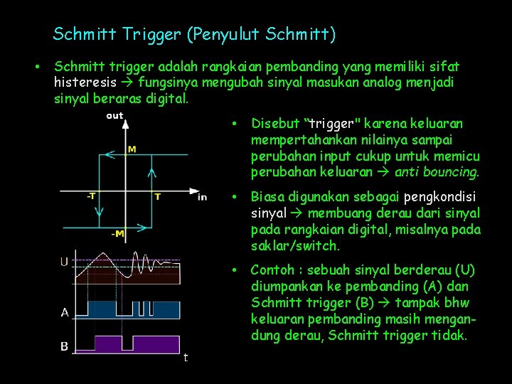 Schmitt Trigger (Penyulut Schmitt) • Schmitt trigger adalah rangkaian pembanding yang memiliki sifat histeresis