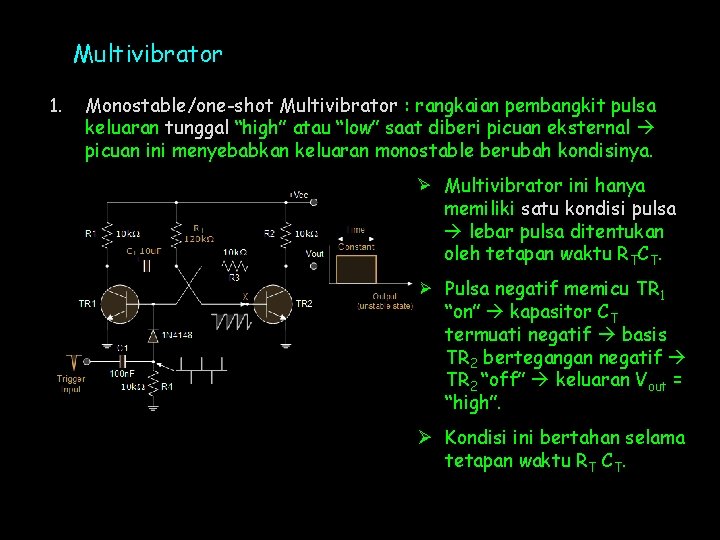 Multivibrator 1. Monostable/one-shot Multivibrator : rangkaian pembangkit pulsa keluaran tunggal “high” atau “low” saat