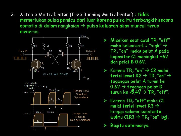 3. Astable Multivibrator (Free Running Multivibrator) : tidak memerlukan pulsa pemicu dari luar karena