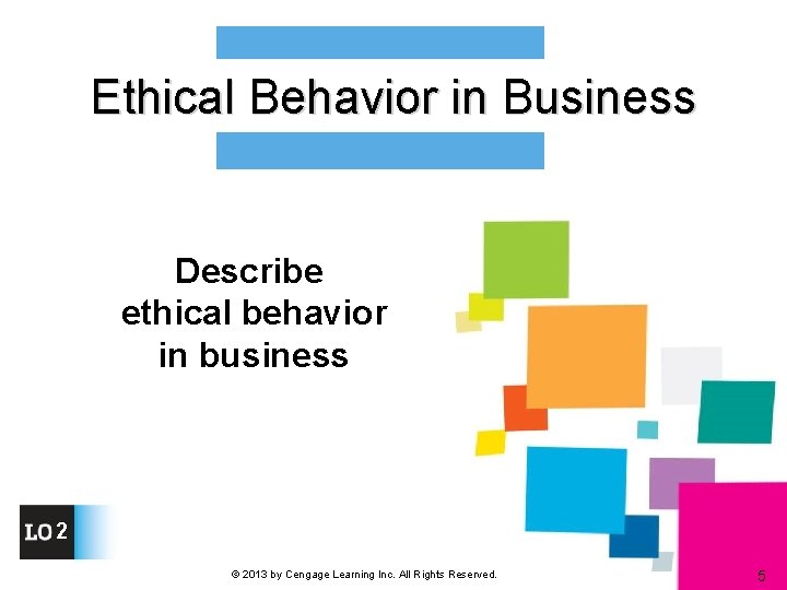 Ethical Behavior in Business Describe ethical behavior in business 2 © 2013 by Cengage