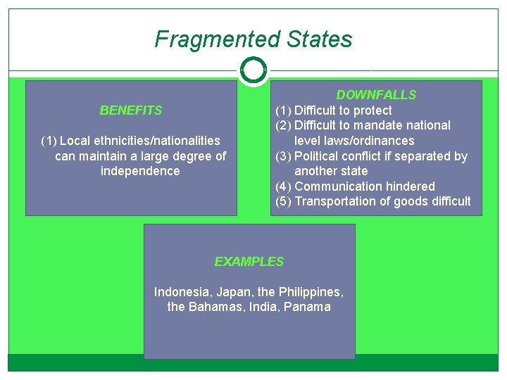 Fragmented States BENEFITS (1) Local ethnicities/nationalities can maintain a large degree of independence DOWNFALLS