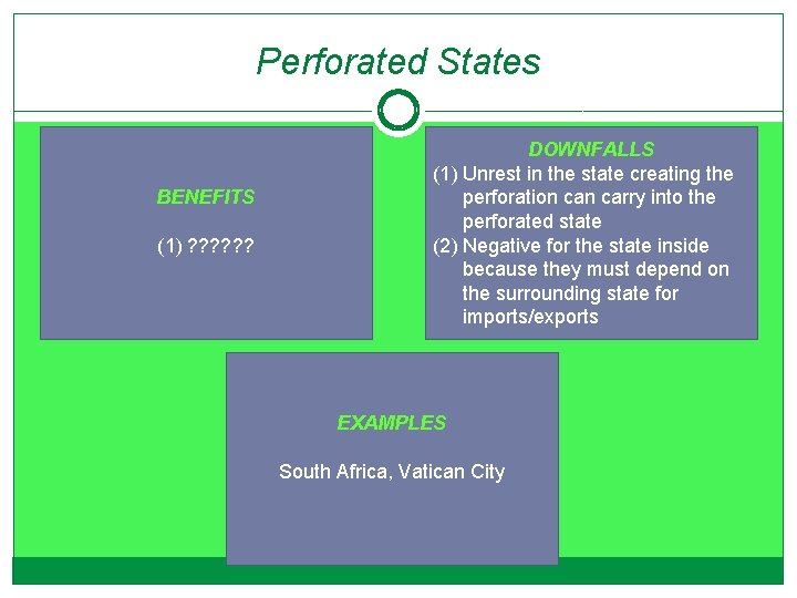 Perforated States BENEFITS (1) ? ? ? DOWNFALLS (1) Unrest in the state creating