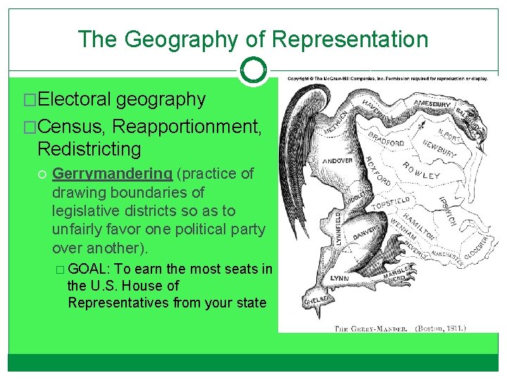 The Geography of Representation �Electoral geography �Census, Reapportionment, Redistricting Gerrymandering (practice of drawing boundaries