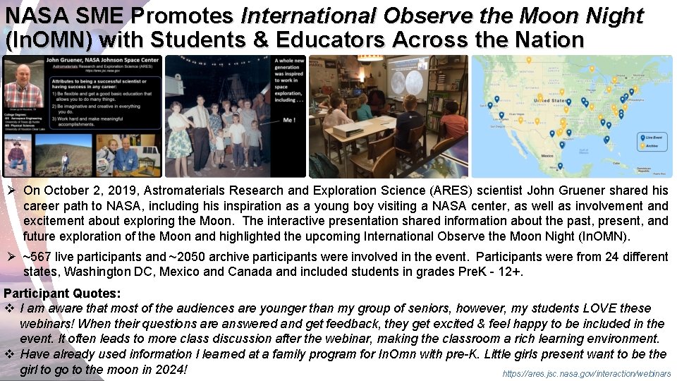 NASA SME Promotes International Observe the Moon Night (In. OMN) with Students & Educators