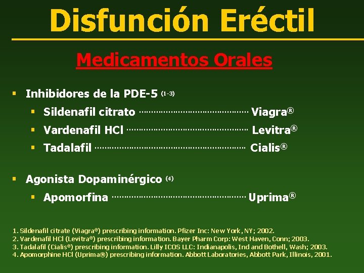 Disfunción Eréctil Medicamentos Orales § Inhibidores de la PDE-5 (1 -3) § Sildenafil citrato
