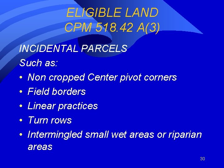 ELIGIBLE LAND CPM 518. 42 A(3) INCIDENTAL PARCELS Such as: • Non cropped Center