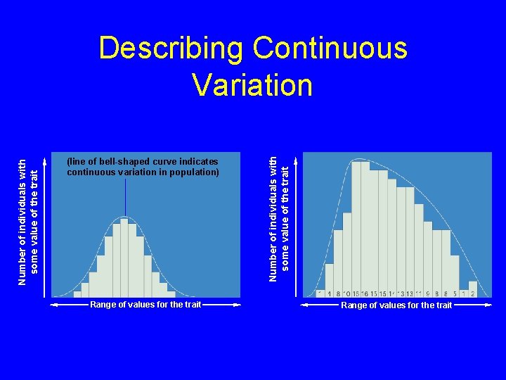 (line of bell-shaped curve indicates continuous variation in population) Range of values for the