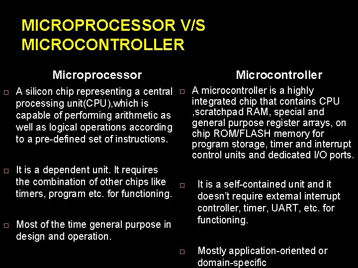 MICROPROCESSOR V/S MICROCONTROLLER Microprocessor A silicon chip representing a central processing unit(CPU), which is