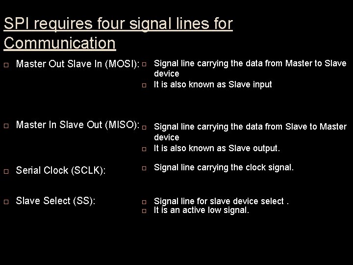 SPI requires four signal lines for Communication Master Out Slave In (MOSI): Signal line