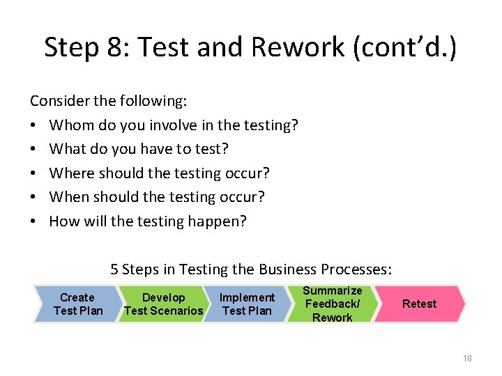 Step 8: Test and Rework (cont’d. ) Consider the following: • Whom do you