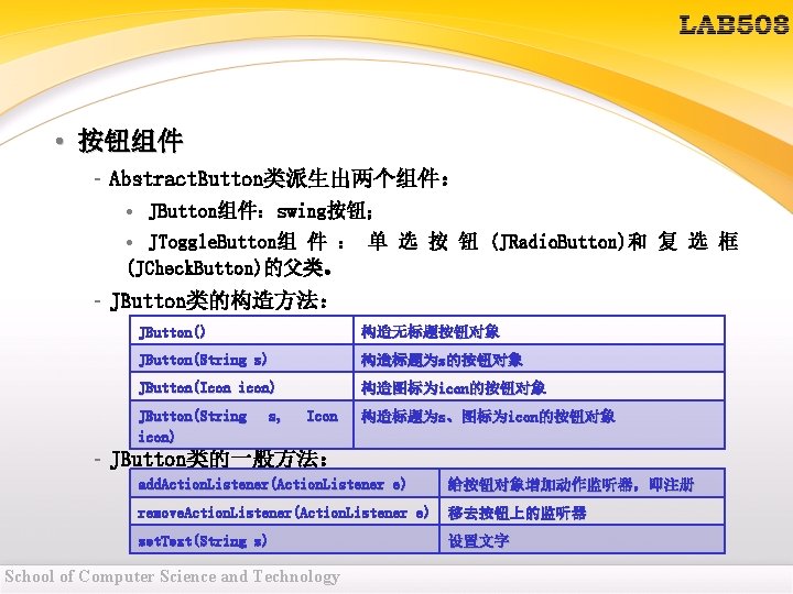 • 按钮组件 – Abstract. Button类派生出两个组件: • JButton组件:swing按钮; • JToggle. Button组 件 : 单 • 按钮组件 – Abstract. Button类派生出两个组件: • JButton组件:swing按钮; • JToggle. Button组 件 : 单