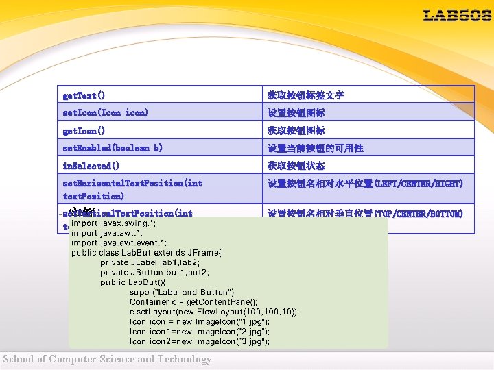 get. Text() 获取按钮标签文字 set. Icon(Icon icon) 设置按钮图标 get. Icon() 获取按钮图标 set. Enabled(boolean b) 设置当前按钮的可用性 get. Text() 获取按钮标签文字 set. Icon(Icon icon) 设置按钮图标 get. Icon() 获取按钮图标 set. Enabled(boolean b) 设置当前按钮的可用性