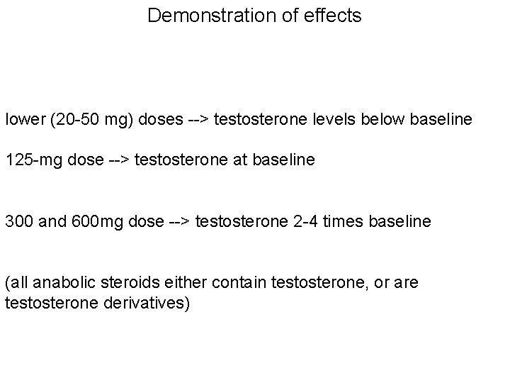 Demonstration of effects lower (20 -50 mg) doses --> testosterone levels below baseline 125