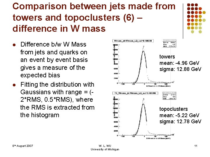 Comparison between jets made from towers and topoclusters (6) – difference in W mass