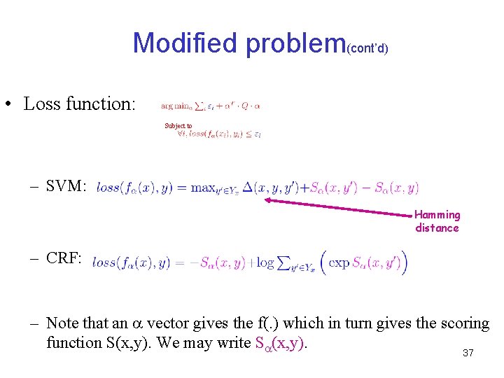 Modified problem(cont’d) • Loss function: Subject to – SVM: Hamming distance – CRF: –