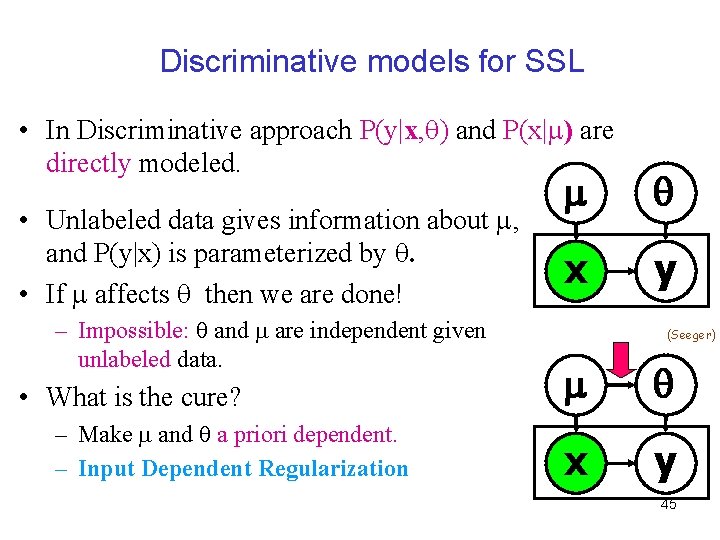 Discriminative models for SSL • In Discriminative approach P(y|x, ) and P(x| ) are