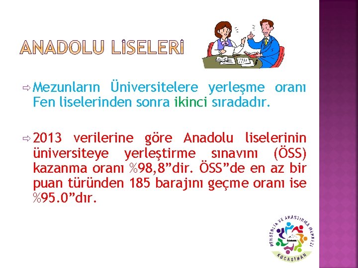 ð Mezunların Üniversitelere yerleşme oranı Fen liselerinden sonra ikinci sıradadır. ð 2013 verilerine göre