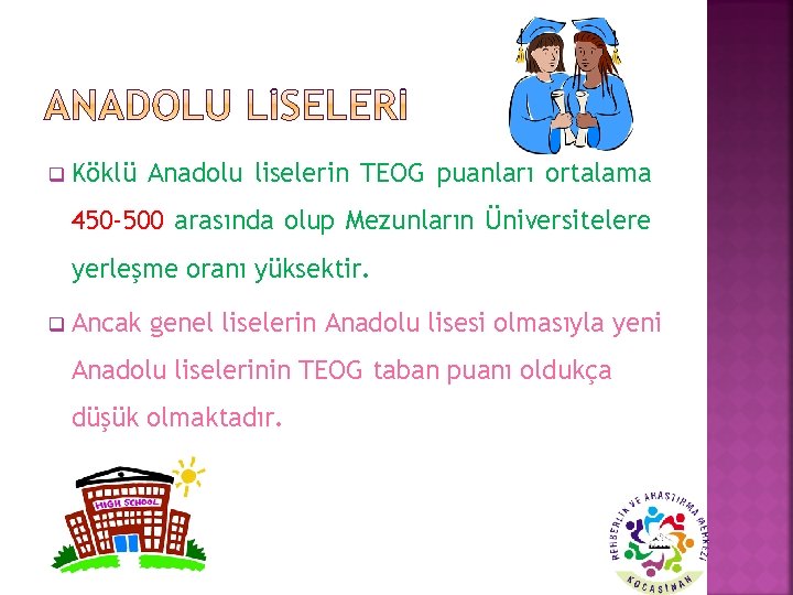 q Köklü Anadolu liselerin TEOG puanları ortalama 450 -500 arasında olup Mezunların Üniversitelere yerleşme