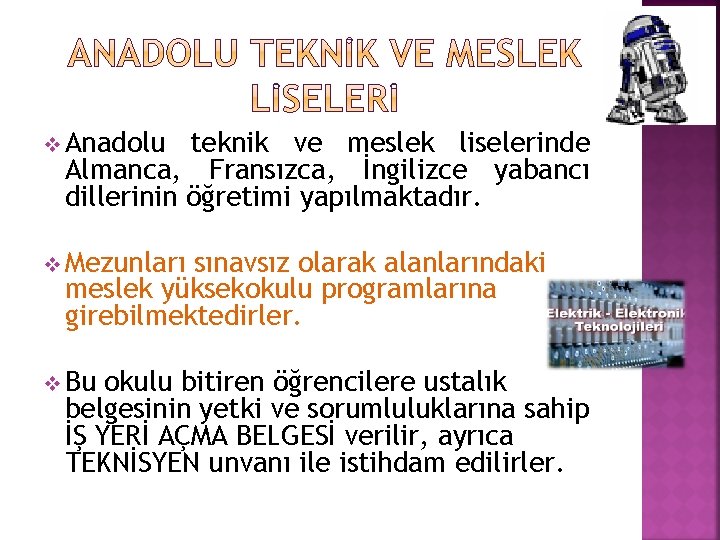 v Anadolu teknik ve meslek liselerinde Almanca, Fransızca, İngilizce yabancı dillerinin öğretimi yapılmaktadır. v