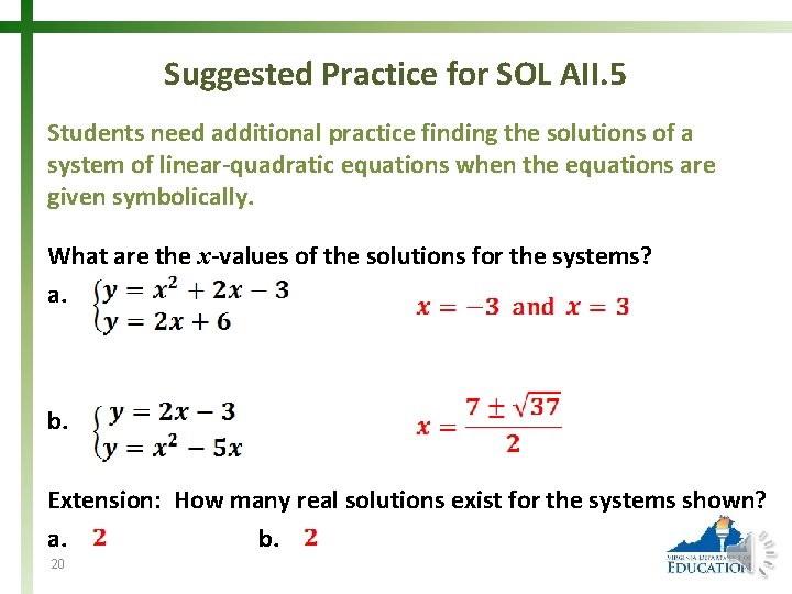 Suggested Practice for SOL AII. 5 Students need additional practice finding the solutions of