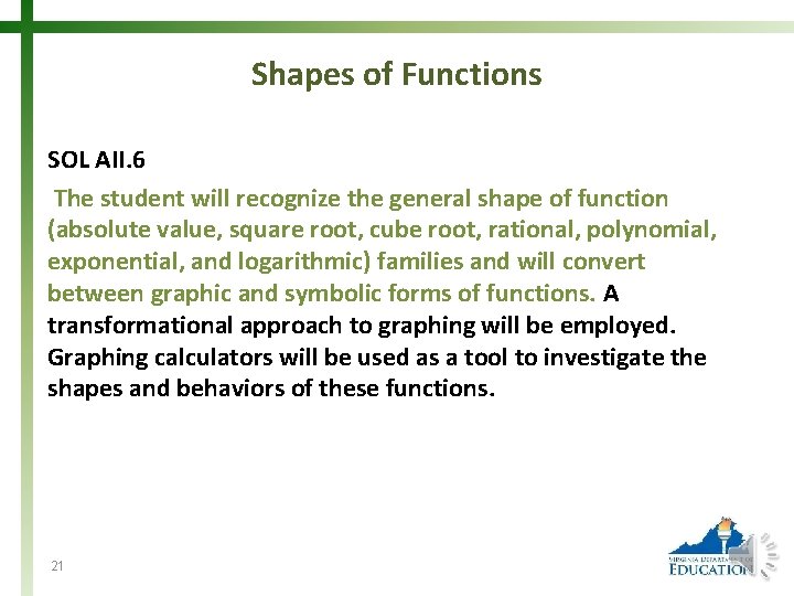 Shapes of Functions SOL AII. 6 The student will recognize the general shape of