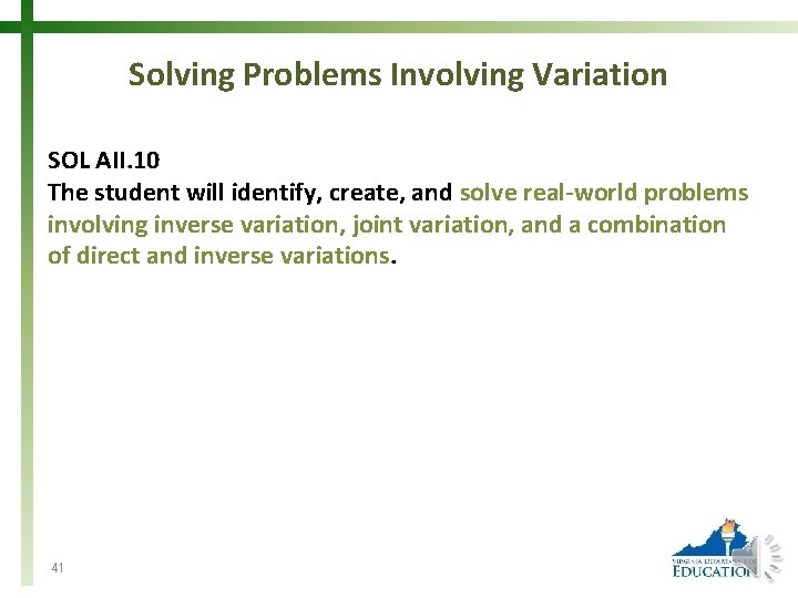 Solving Problems Involving Variation SOL AII. 10 The student will identify, create, and solve