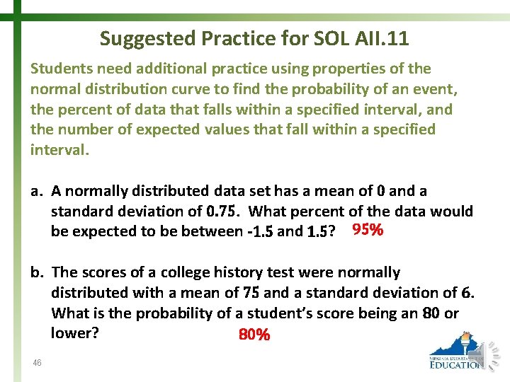 Suggested Practice for SOL AII. 11 Students need additional practice using properties of the