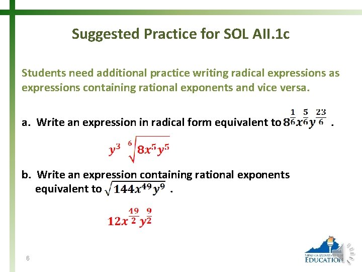 Suggested Practice for SOL AII. 1 c Students need additional practice writing radical expressions