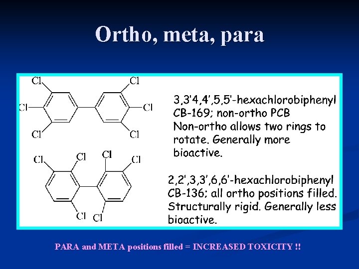 Ortho, meta, para PARA and META positions filled = INCREASED TOXICITY !! 