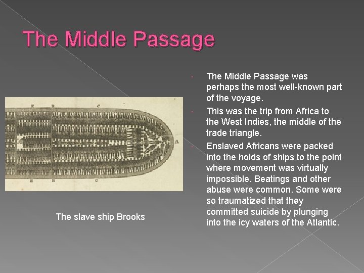 The Middle Passage The slave ship Brooks The Middle Passage was perhaps the most