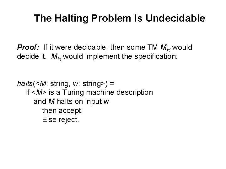 The Halting Problem Is Undecidable Proof: If it were decidable, then some TM MH