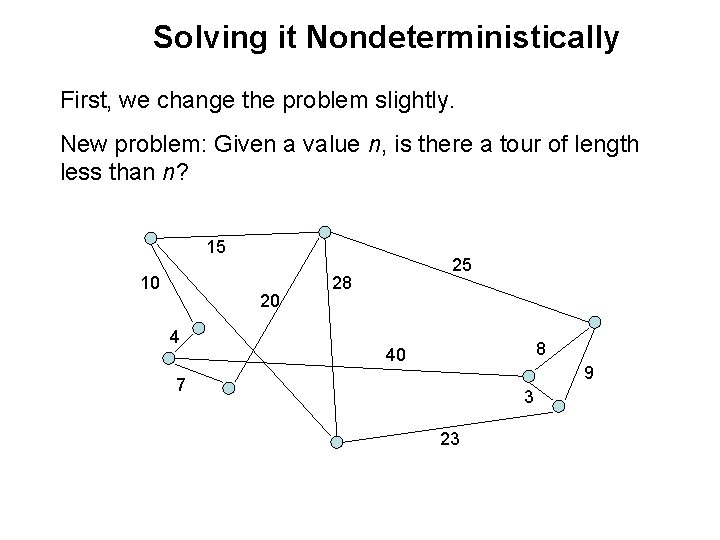 Solving it Nondeterministically First, we change the problem slightly. New problem: Given a value