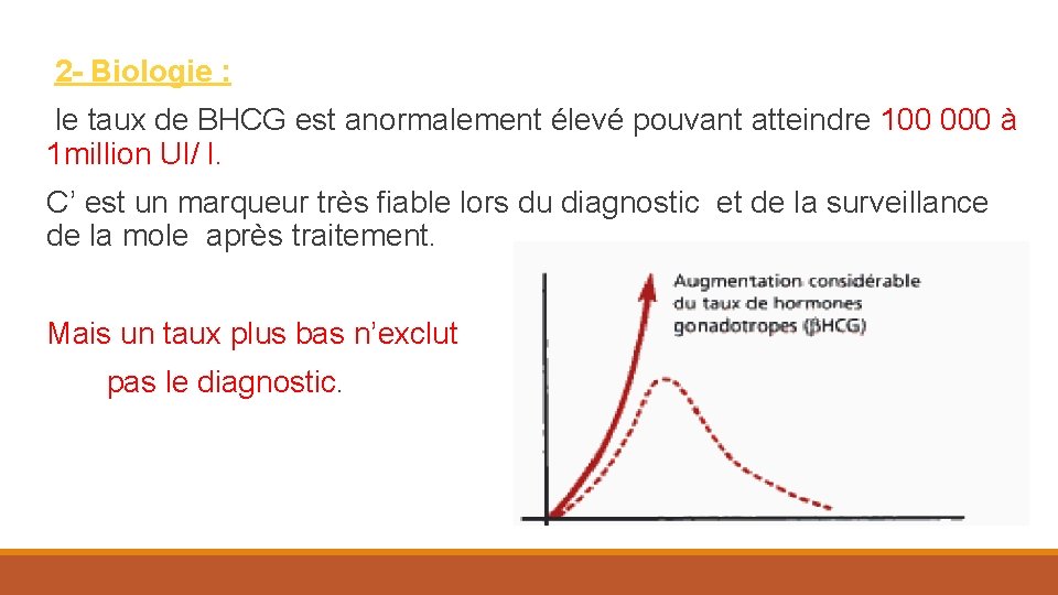 2 - Biologie : le taux de BHCG est anormalement élevé pouvant atteindre 100