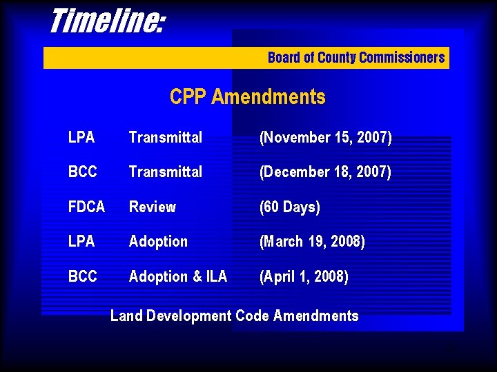 Timeline: Board of County Commissioners CPP Amendments LPA Transmittal (November 15, 2007) BCC Transmittal