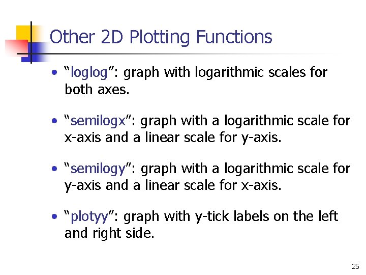 Other 2 D Plotting Functions • “loglog”: graph with logarithmic scales for both axes. Other 2 D Plotting Functions • “loglog”: graph with logarithmic scales for both axes.