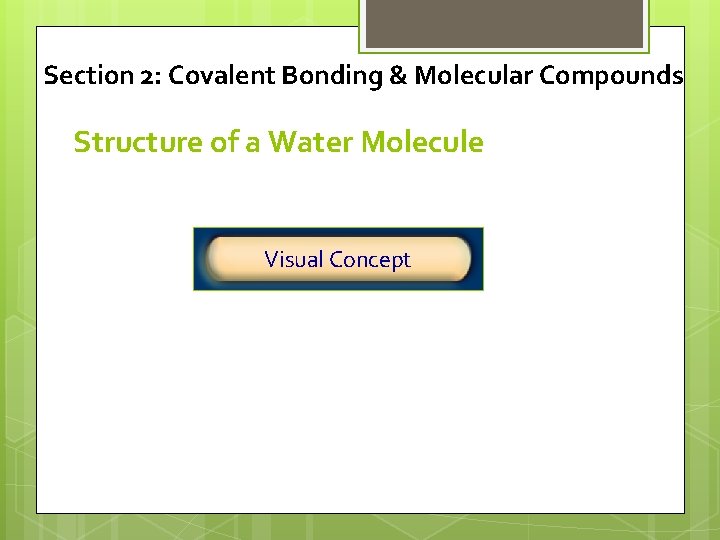 Section 2: Covalent Bonding & Molecular Compounds Structure of a Water Molecule Click below
