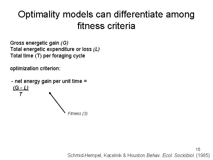 Optimality models can differentiate among fitness criteria Gross energetic gain (G) Total energetic expenditure