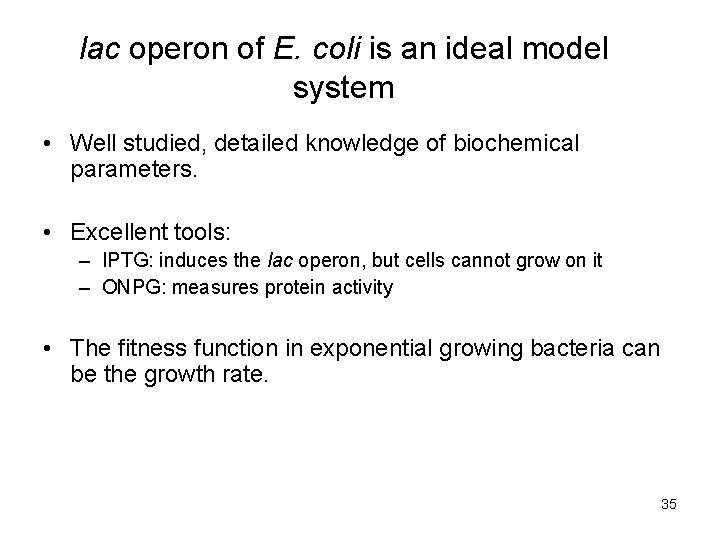 lac operon of E. coli is an ideal model system • Well studied, detailed