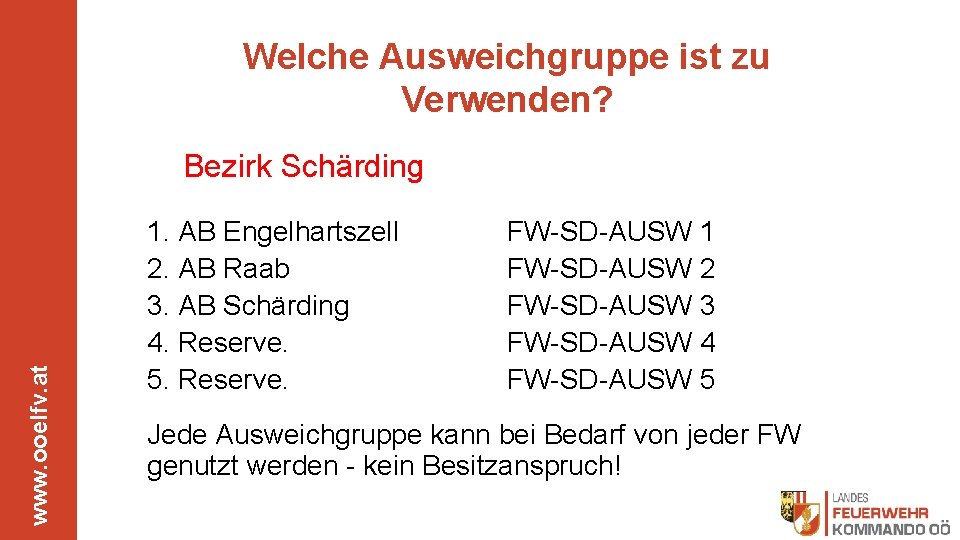 Welche Ausweichgruppe ist zu Verwenden? www. ooelfv. at Bezirk Schärding 1. AB Engelhartszell 2.