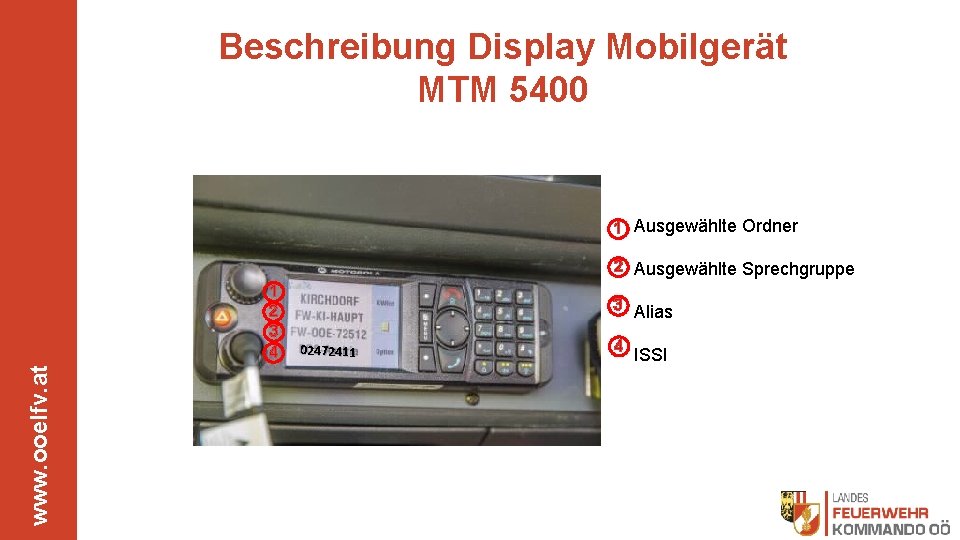 Beschreibung Display Mobilgerät MTM 5400 1 Ausgewählte Ordner 2 Ausgewählte Sprechgruppe www. ooelfv. at