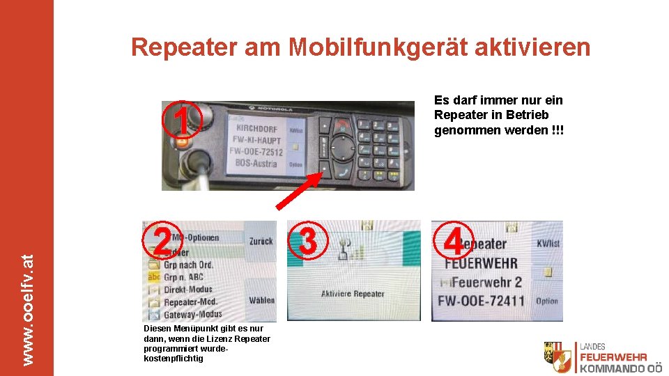 Repeater am Mobilfunkgerät aktivieren Es darf immer nur ein Repeater in Betrieb genommen werden