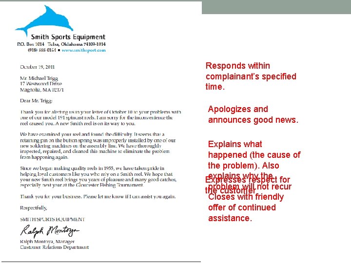 Responds within complainant’s specified time. Apologizes and announces good news. Explains what happened (the