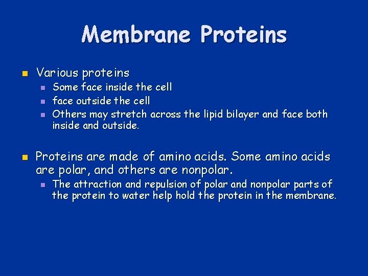 Membrane Proteins n Various proteins n n Some face inside the cell face outside
