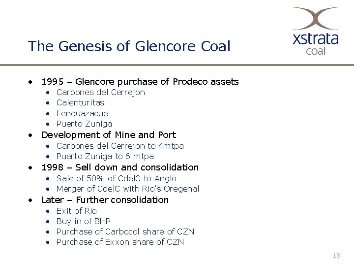 The Genesis of Glencore Coal • 1995 – Glencore purchase of Prodeco assets •