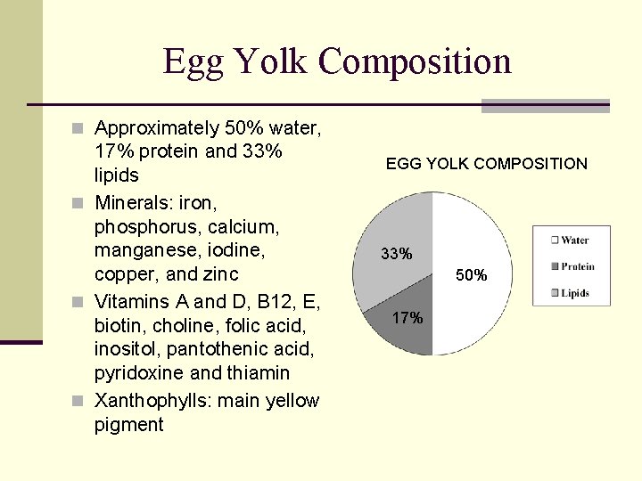 Egg Yolk Composition n Approximately 50% water, 17% protein and 33% lipids n Minerals: