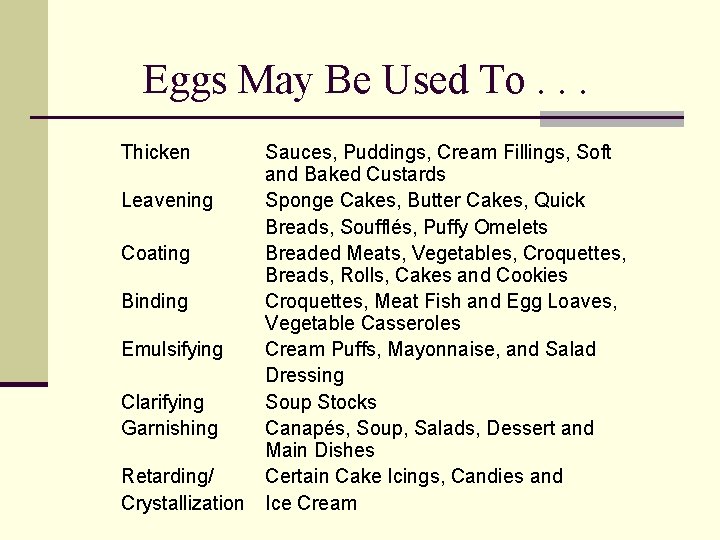 Eggs May Be Used To. . . Thicken Sauces, Puddings, Cream Fillings, Soft and