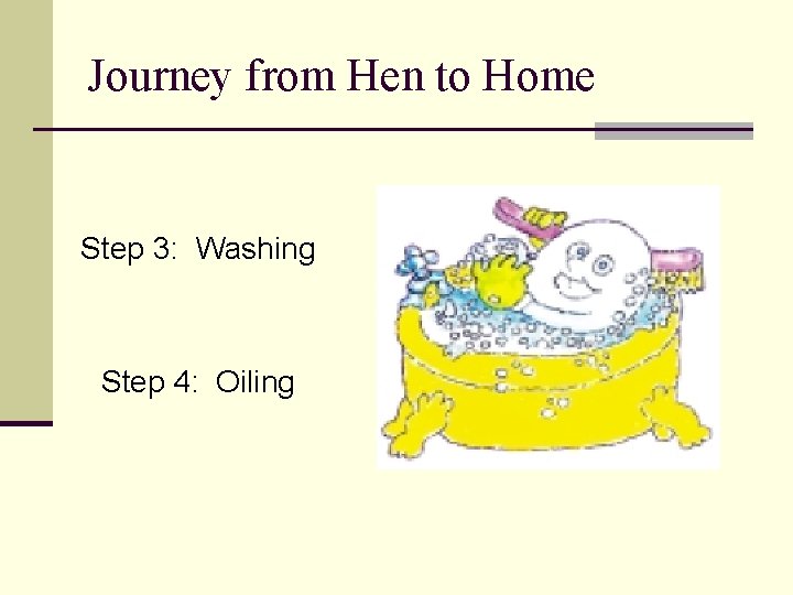 Journey from Hen to Home Step 3: Washing Step 4: Oiling 