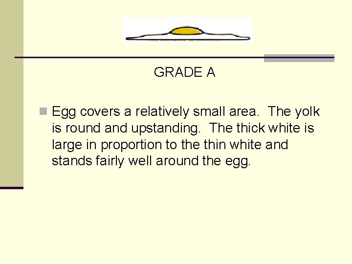 GRADE A n Egg covers a relatively small area. The yolk is round and