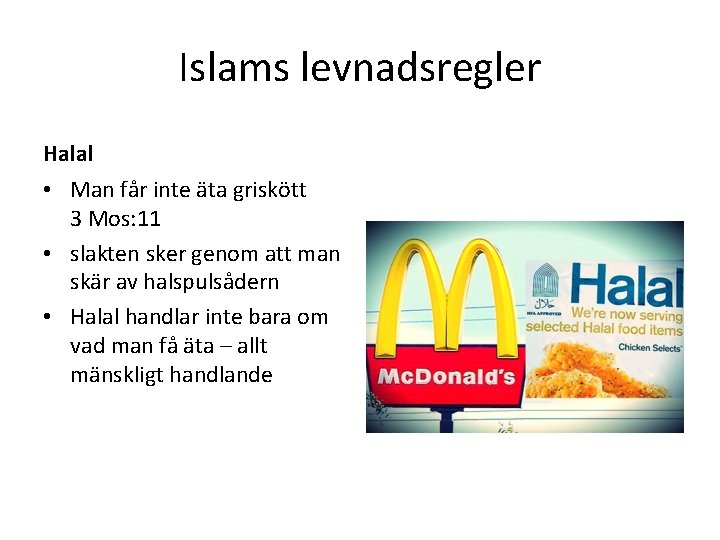 Islams levnadsregler Halal • Man får inte äta griskött 3 Mos: 11 • slakten