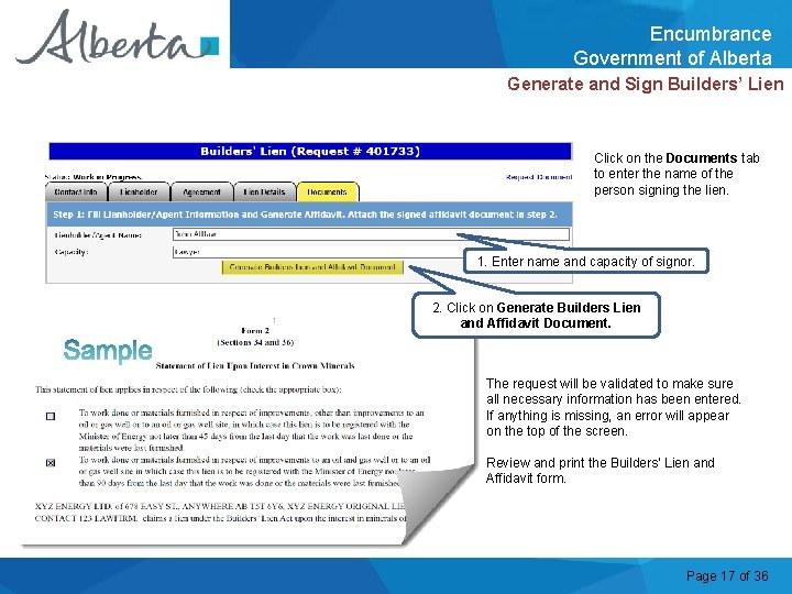 Encumbrance Government of Alberta Generate and Sign Builders’ Lien Click on the Documents tab